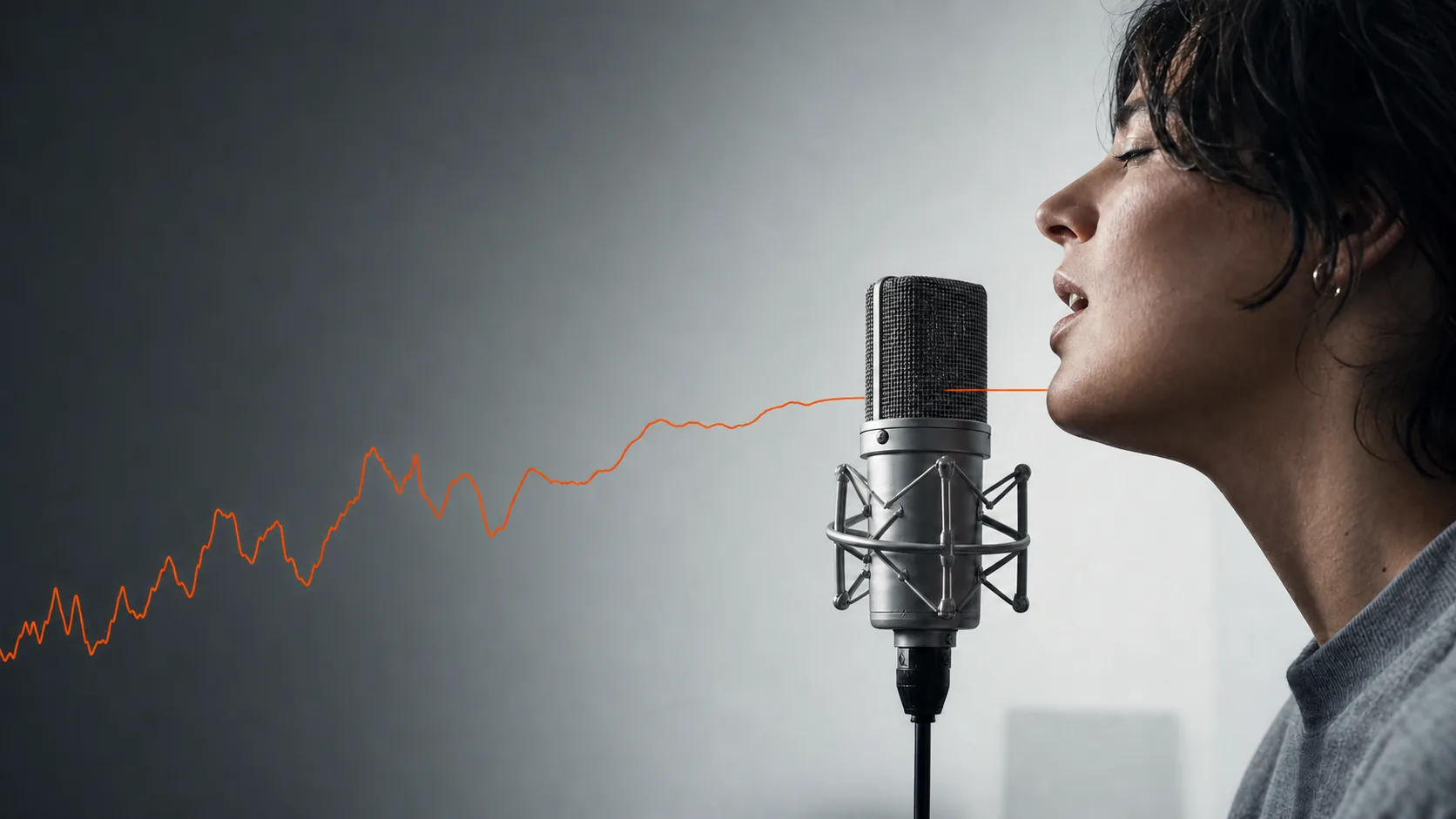 A singer rehearsing into a studio microphone as an orange pitch line settles into tune