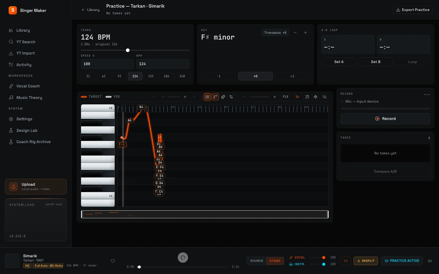 Singer Maker real Practice screen focused on the A-B loop controls