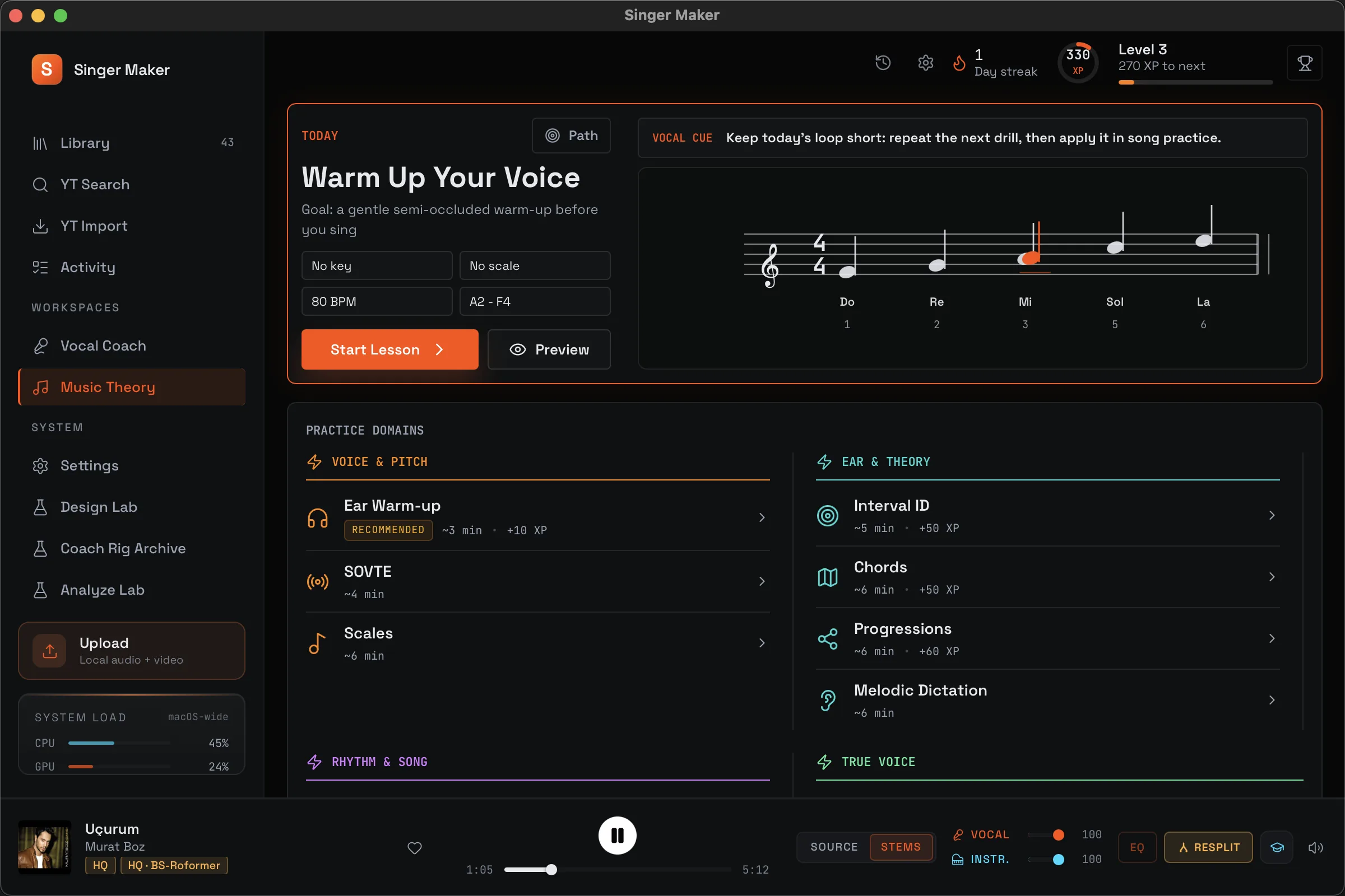 Singer Maker real Music Theory staff notation and live grading screen