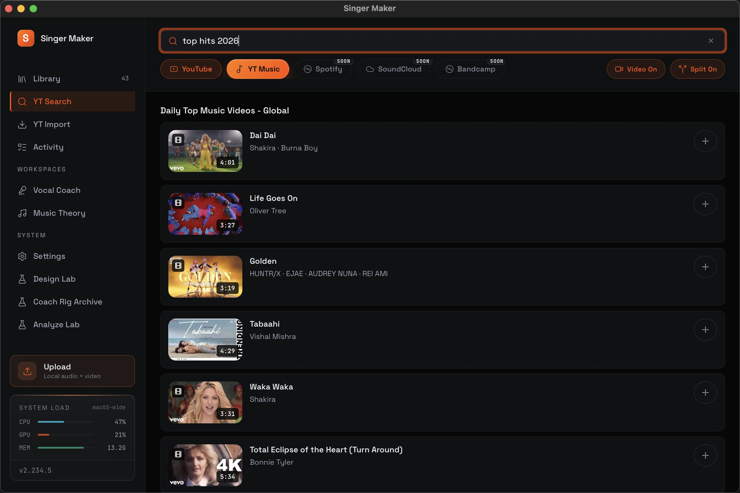 Singer Maker real YouTube and YouTube Music search and download screen